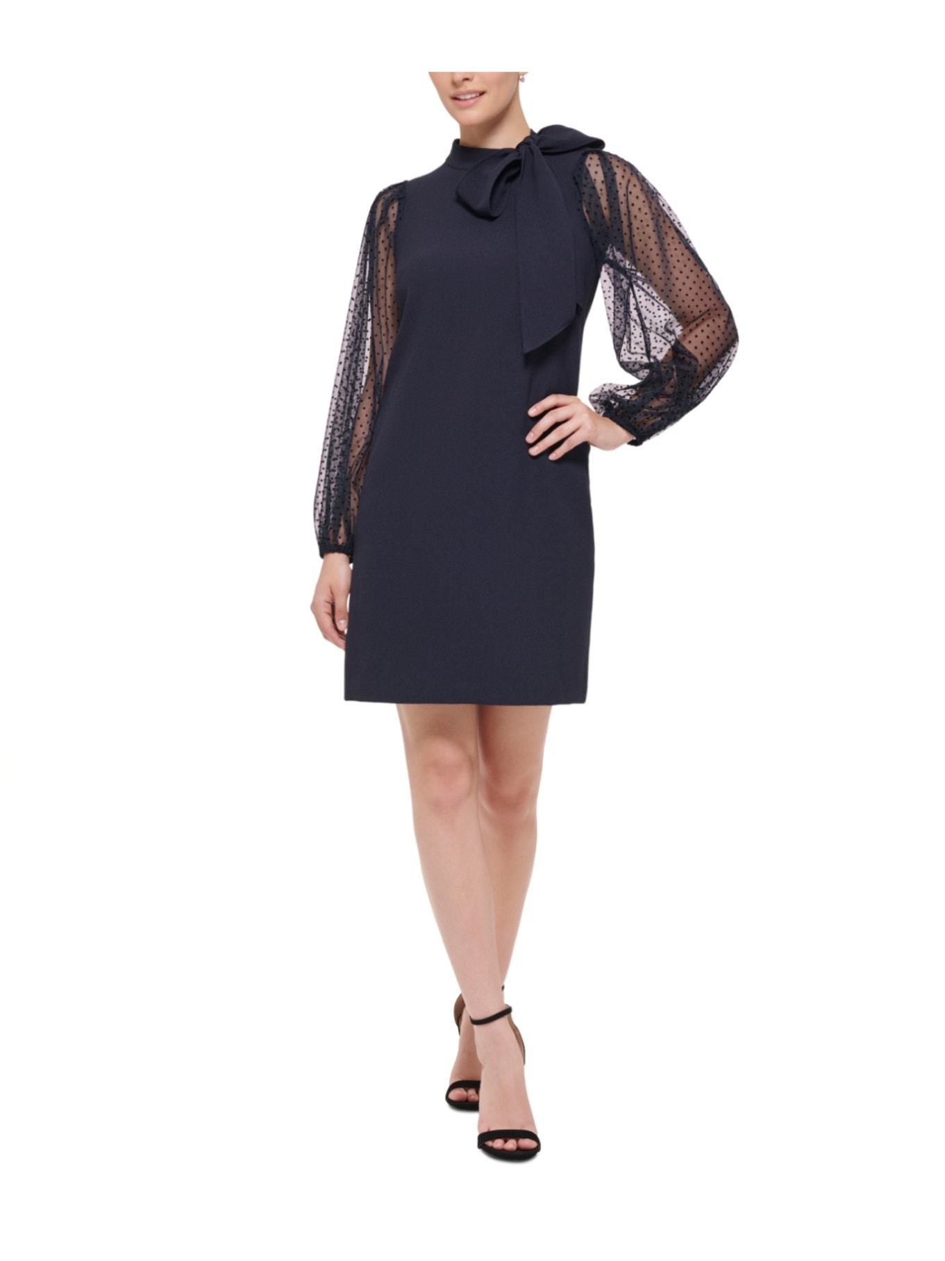 Vince Camuto Blue Cocktail Dress Sheer Dot Long Sleeved Tie Neck Shift Size 8